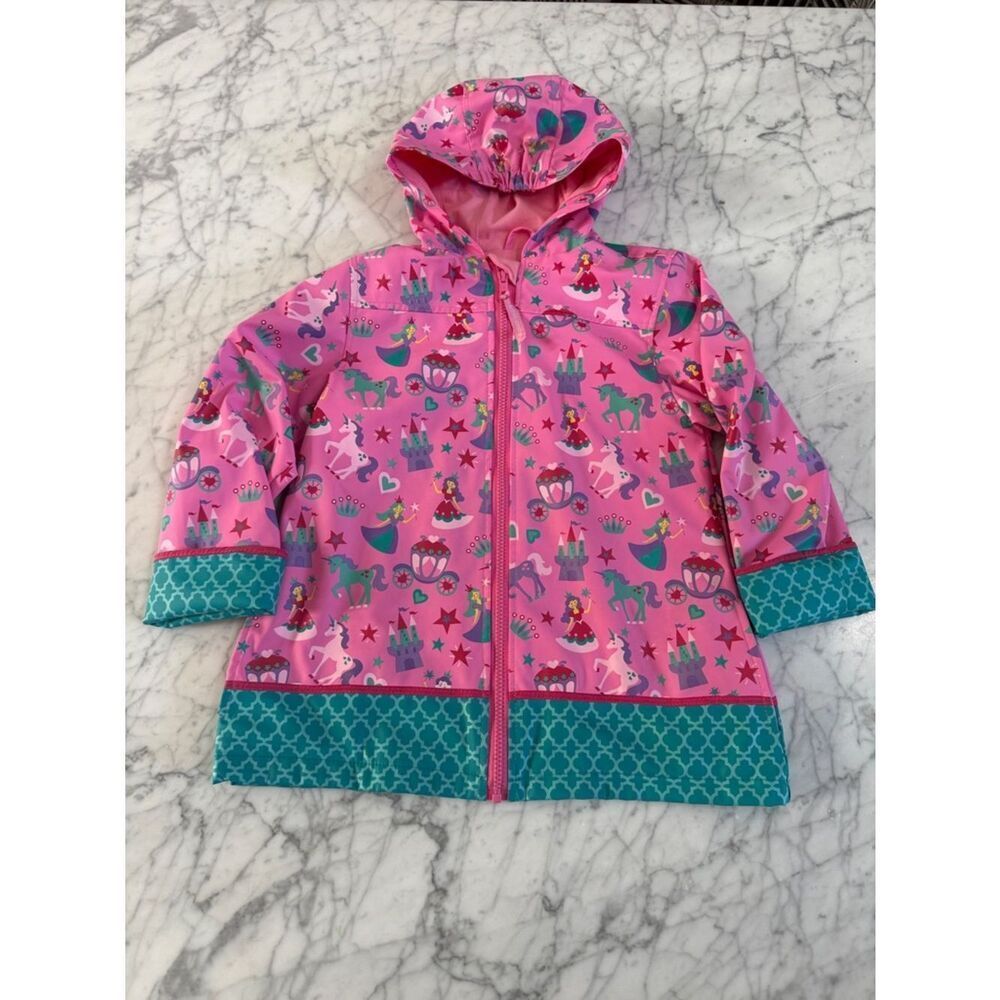 Stephen Joseph Princess Castle Print Hooded Raincoat with Teal Trim Sz 6X Lined